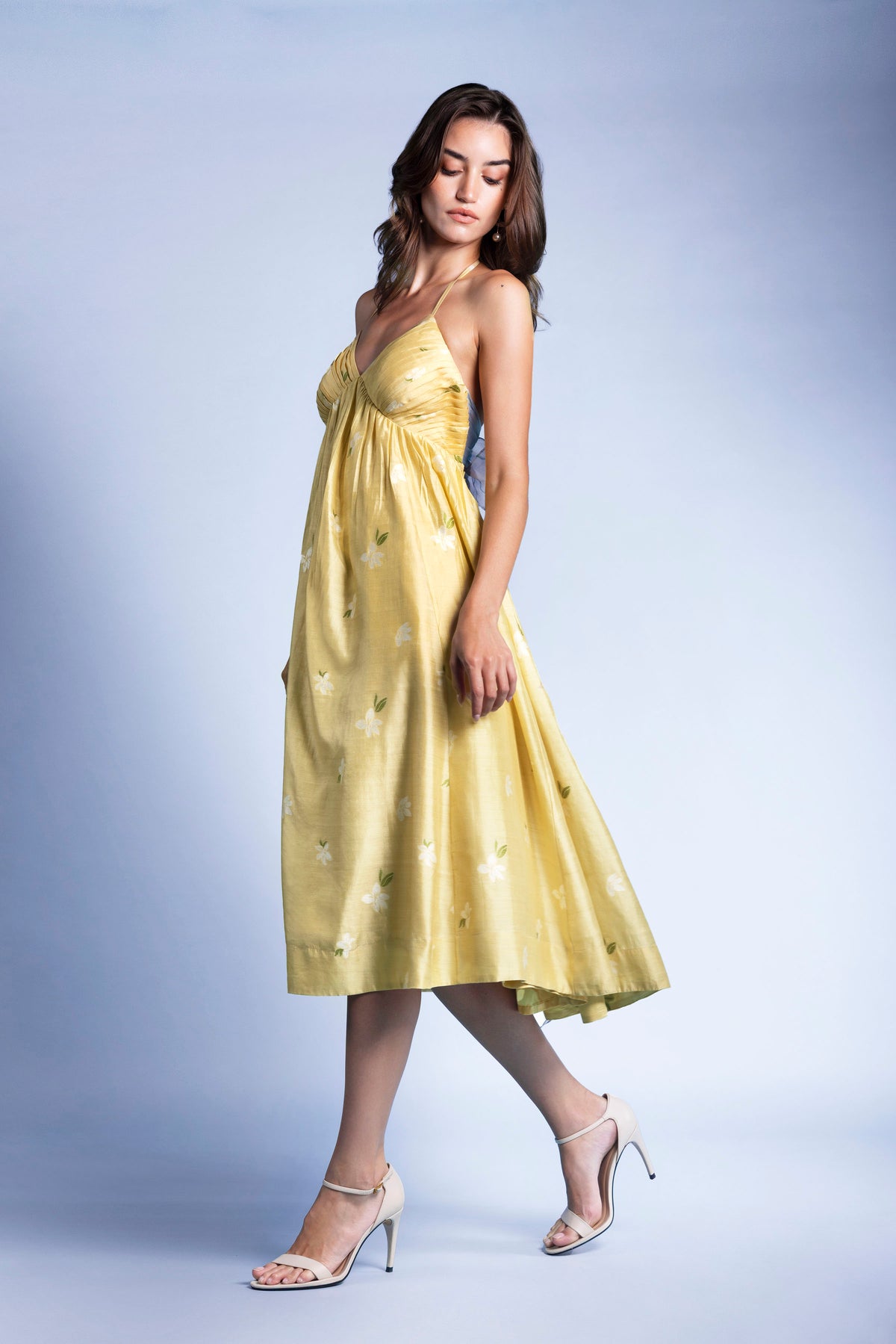 DAFFODILS SILK HALTER DRESS