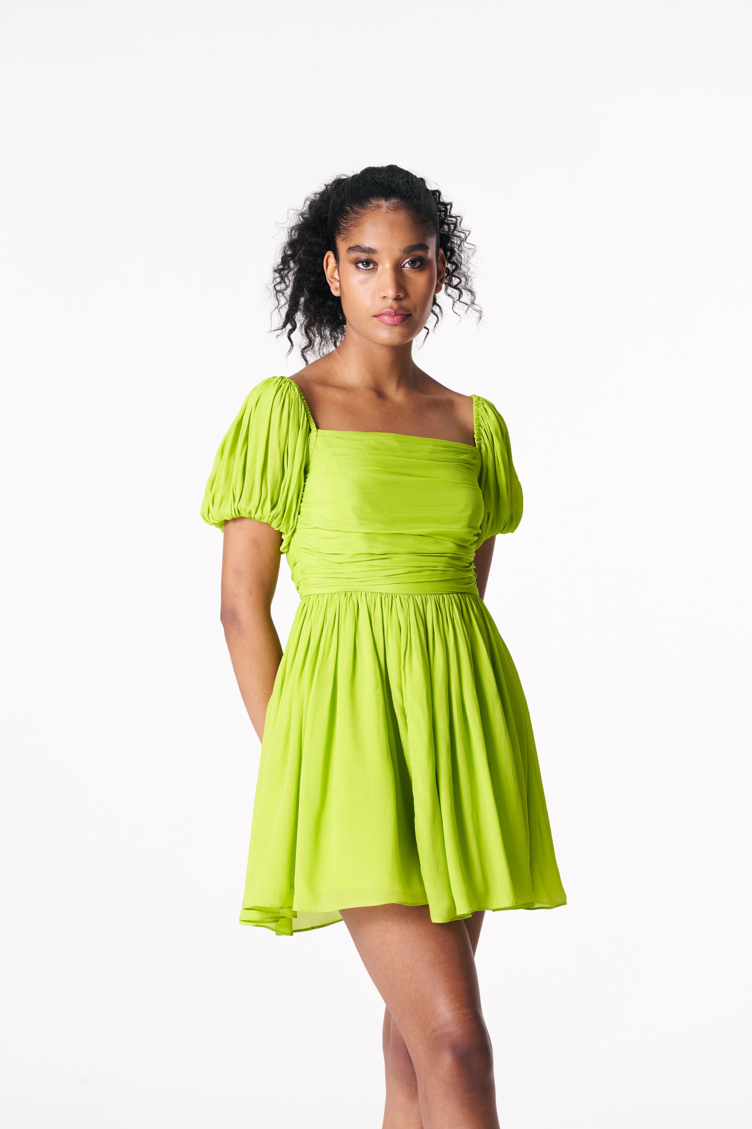 Chartreuse rouched mini dress