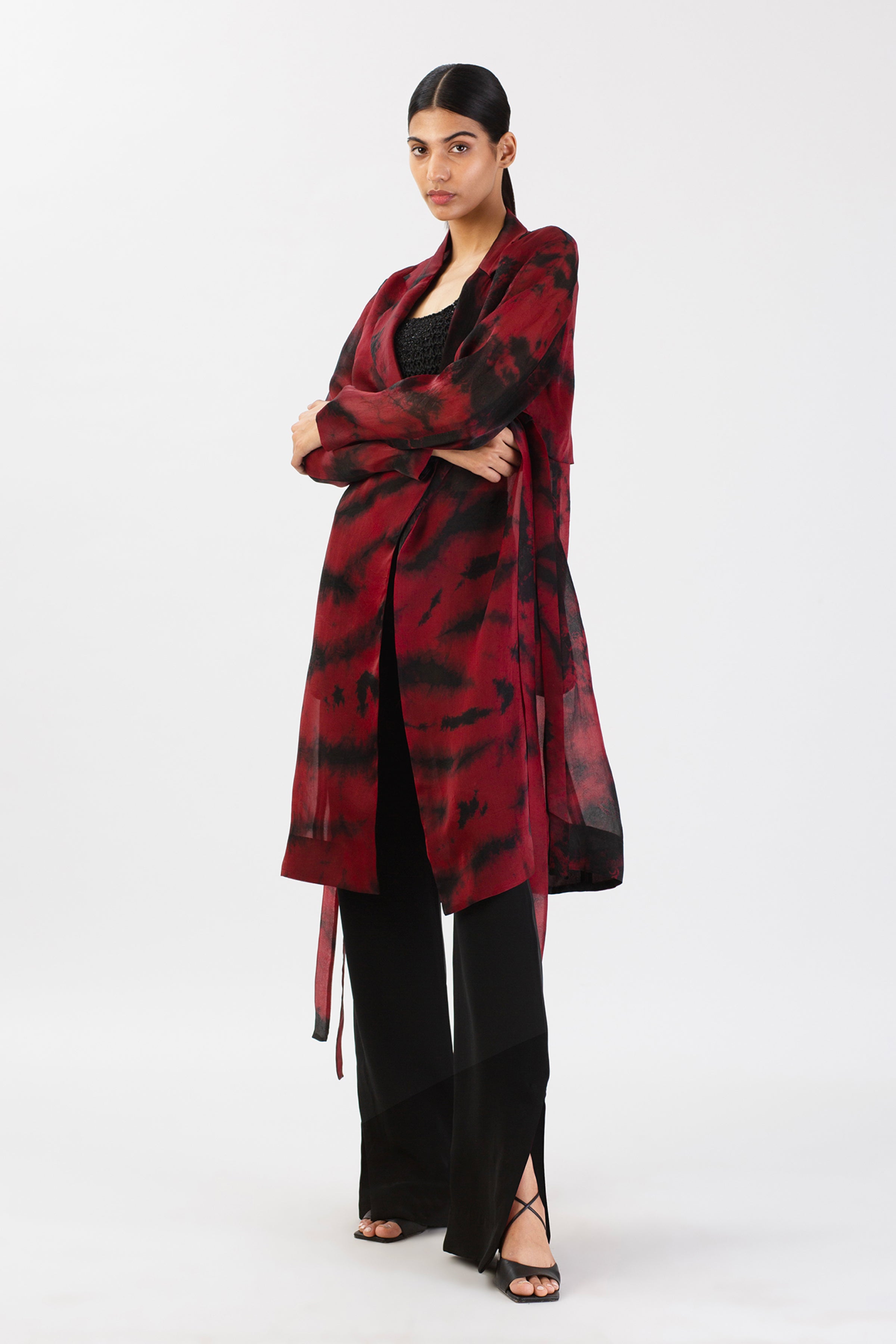 Crimson Dreamscape Silk Trench Coat