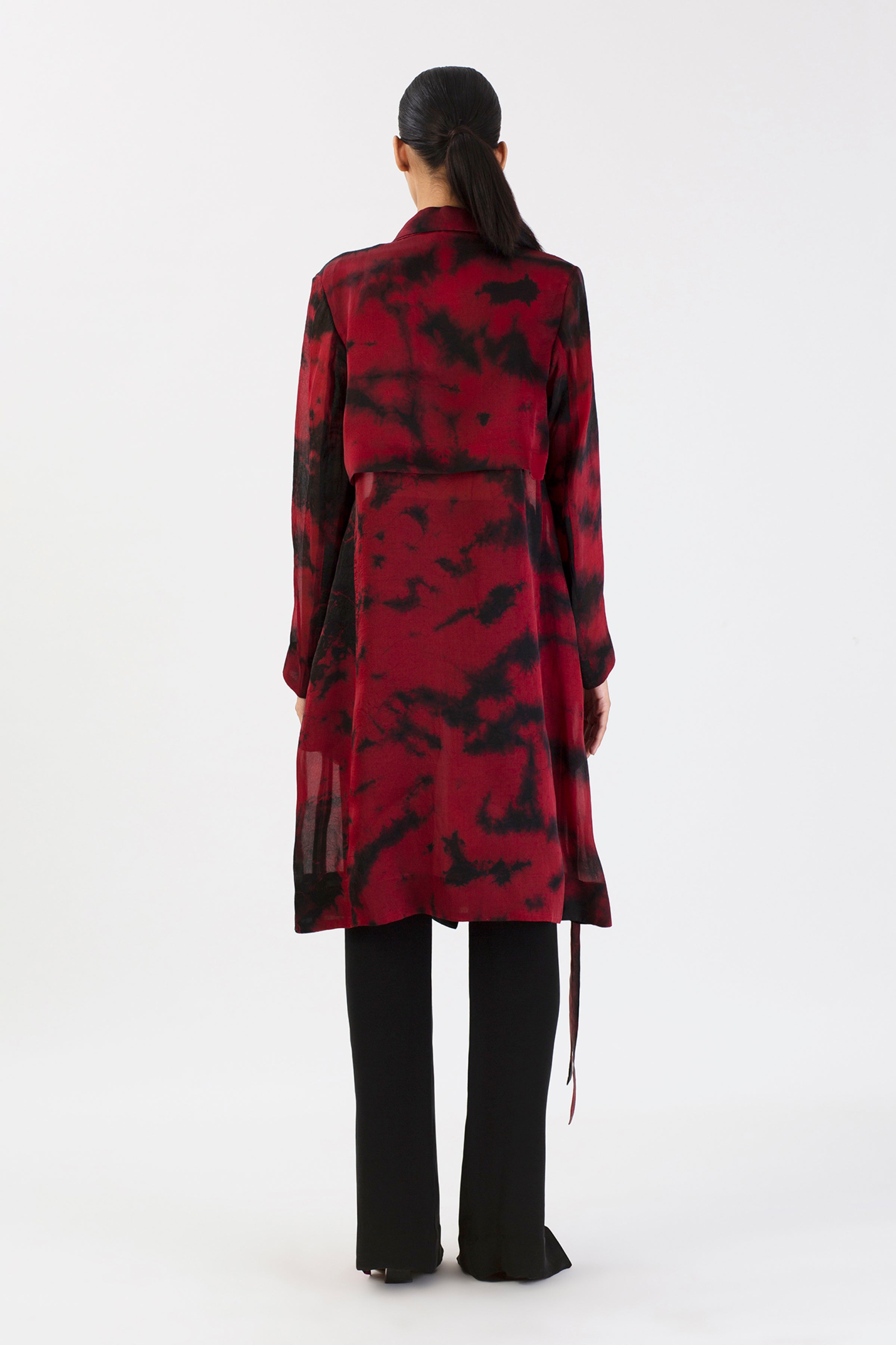 Crimson Dreamscape Silk Trench Coat