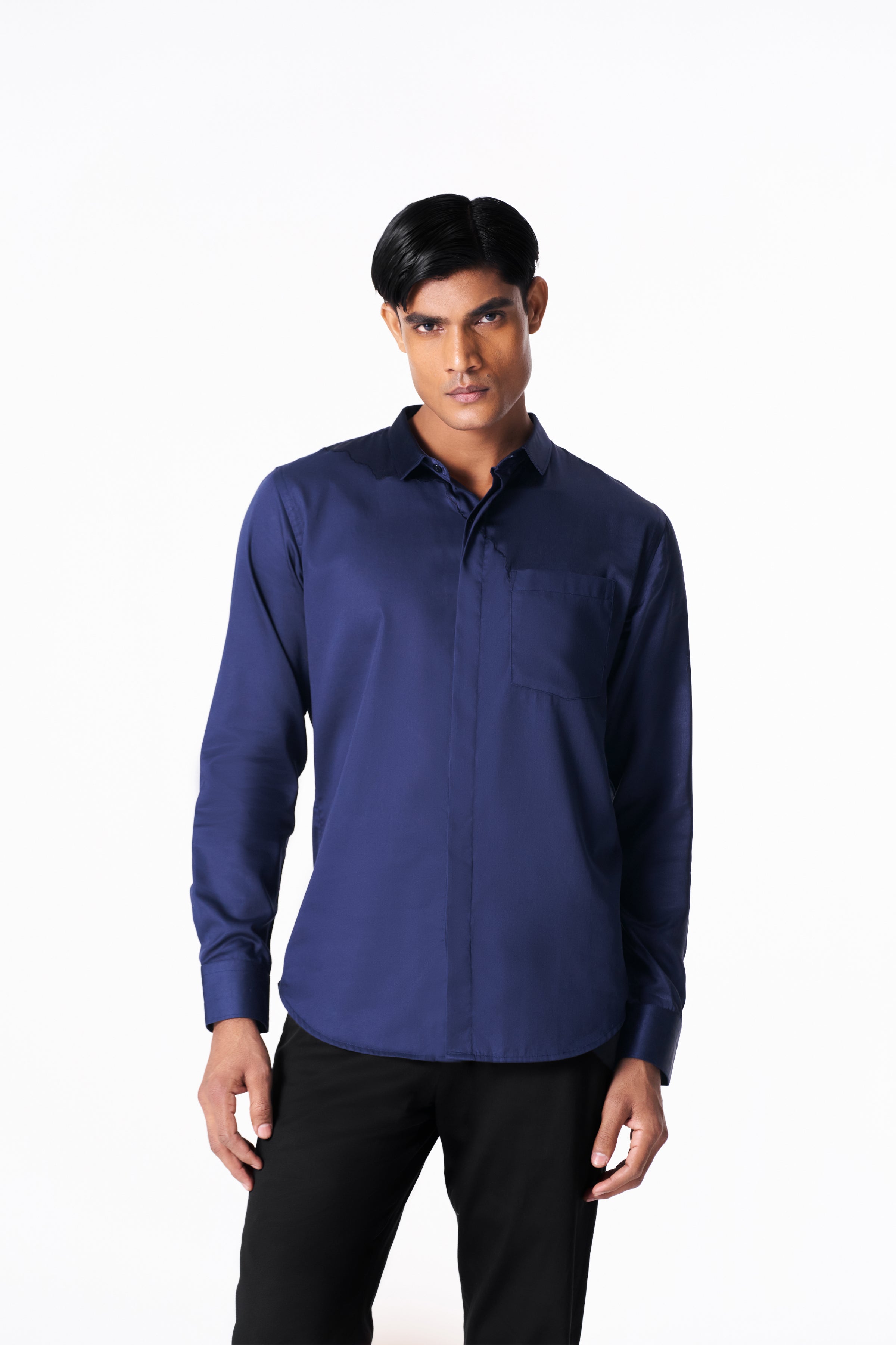 Midnight blue seamless silk and cotton shirt
