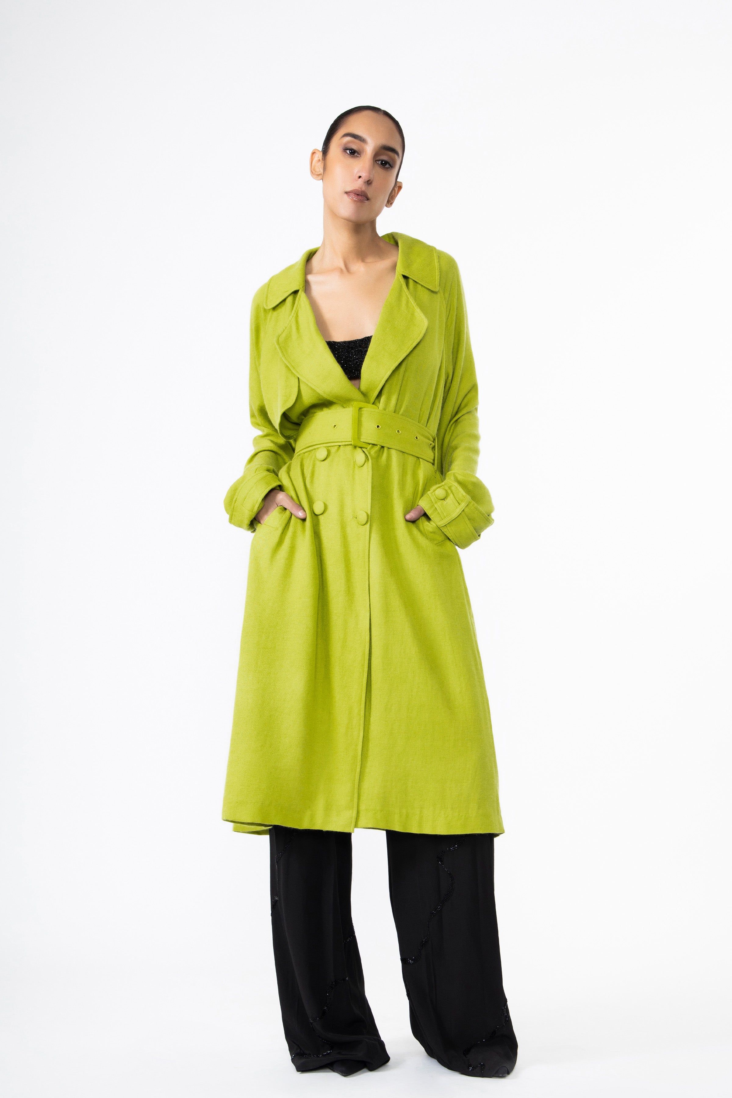 Chartreuse Pashmina Silk Trench Coat