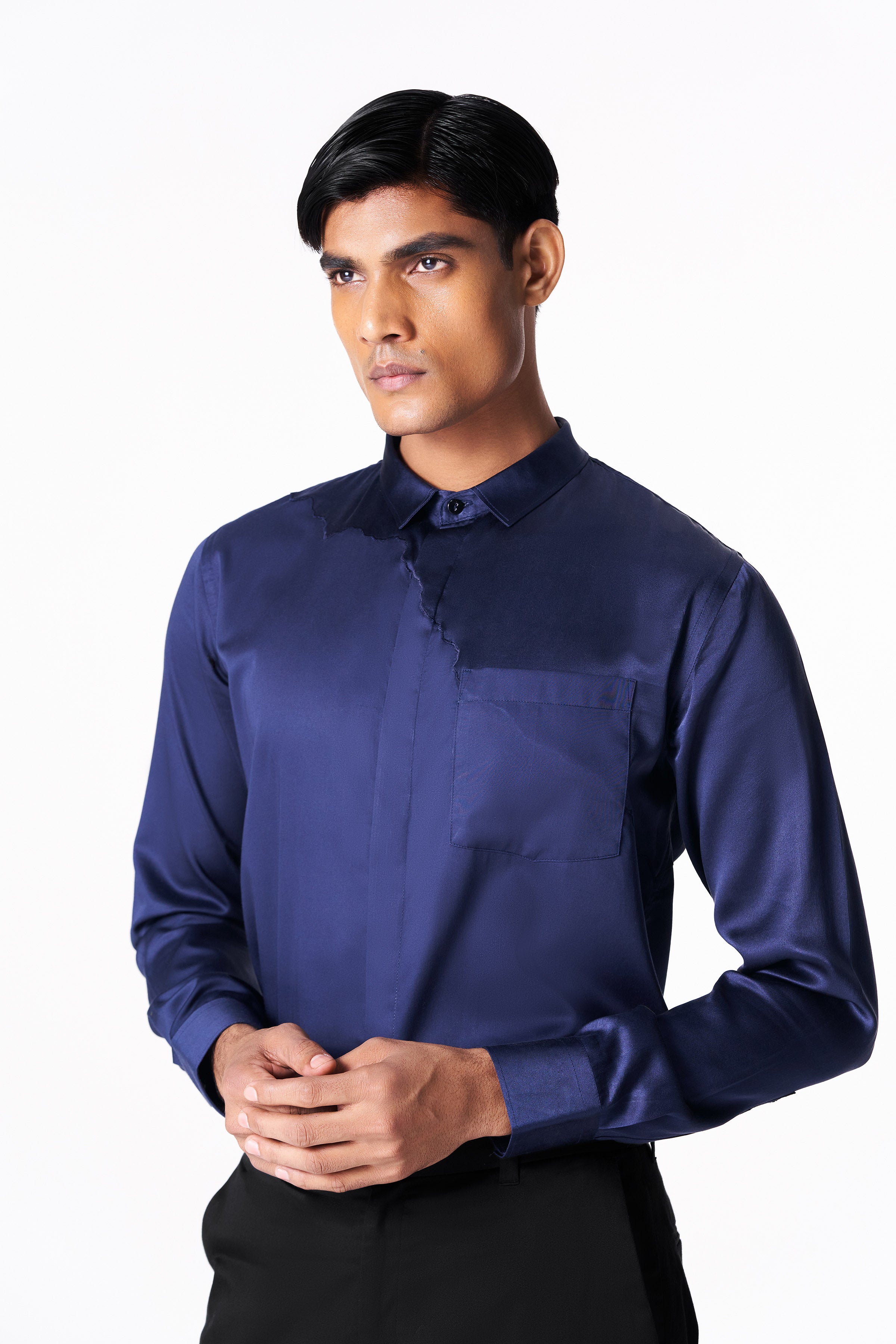 Midnight blue seamless silk and cotton shirt