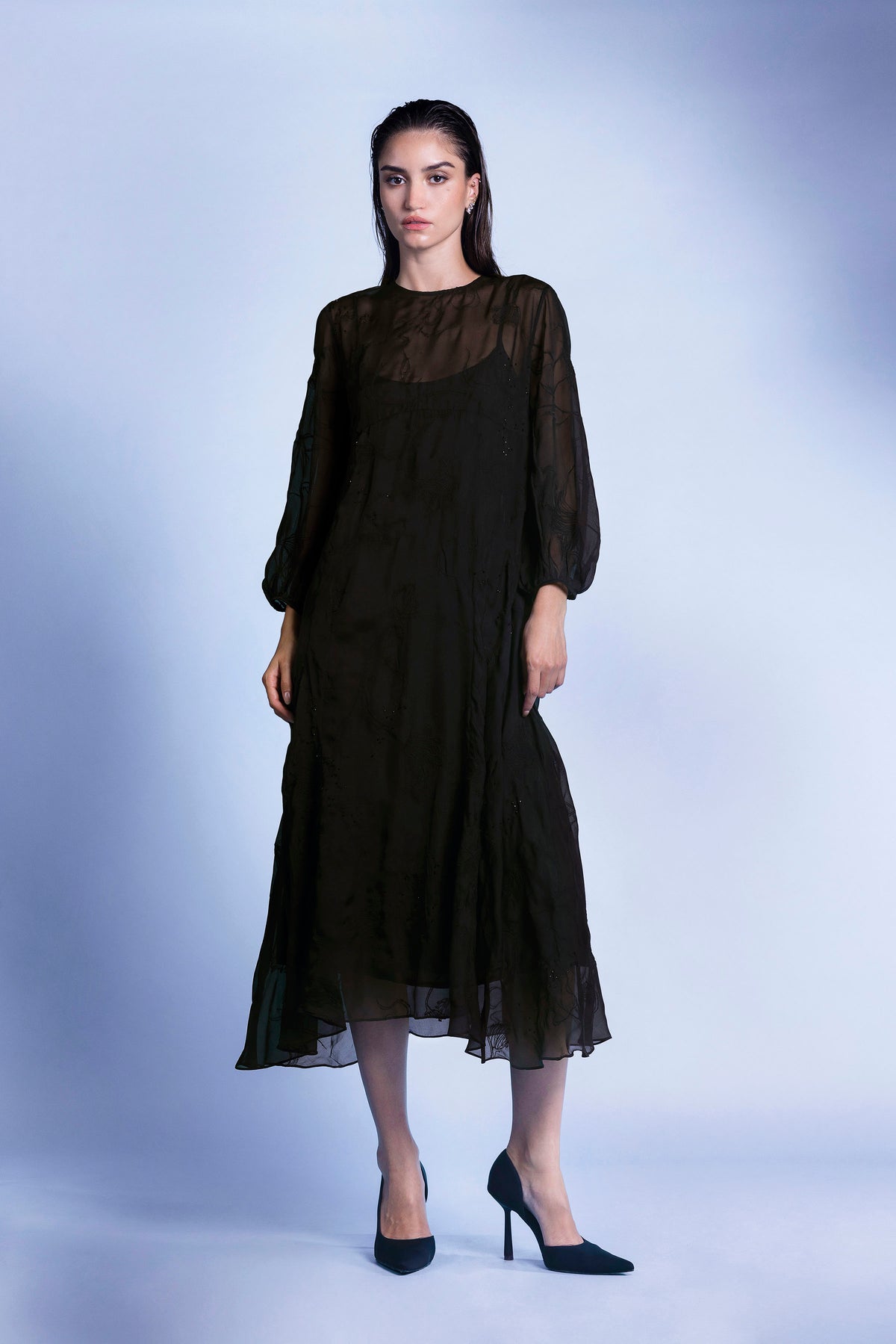FLOATING ORCHIDS MIDI DRESS