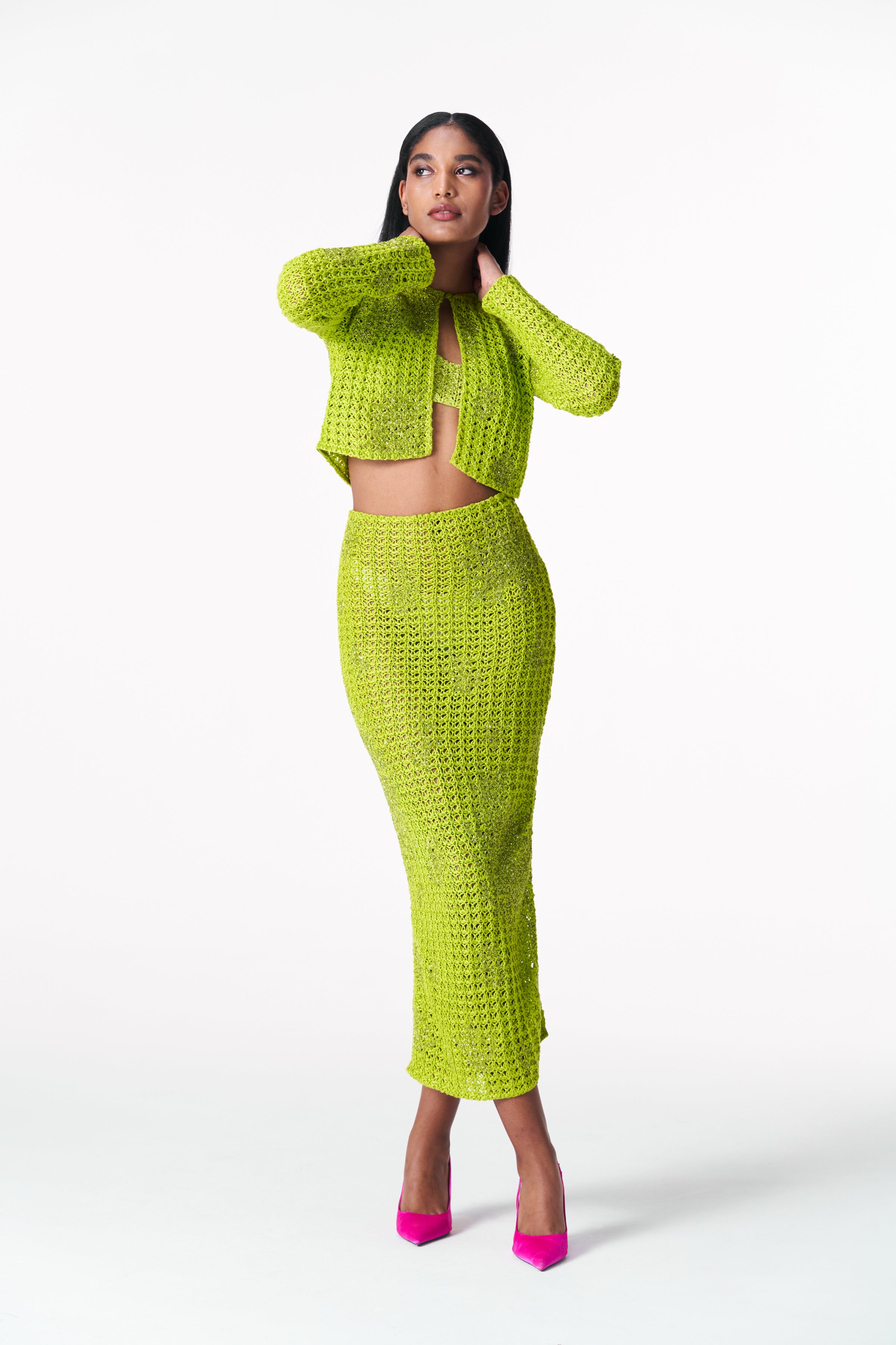 Chartreuse Linen Crochet Skirt