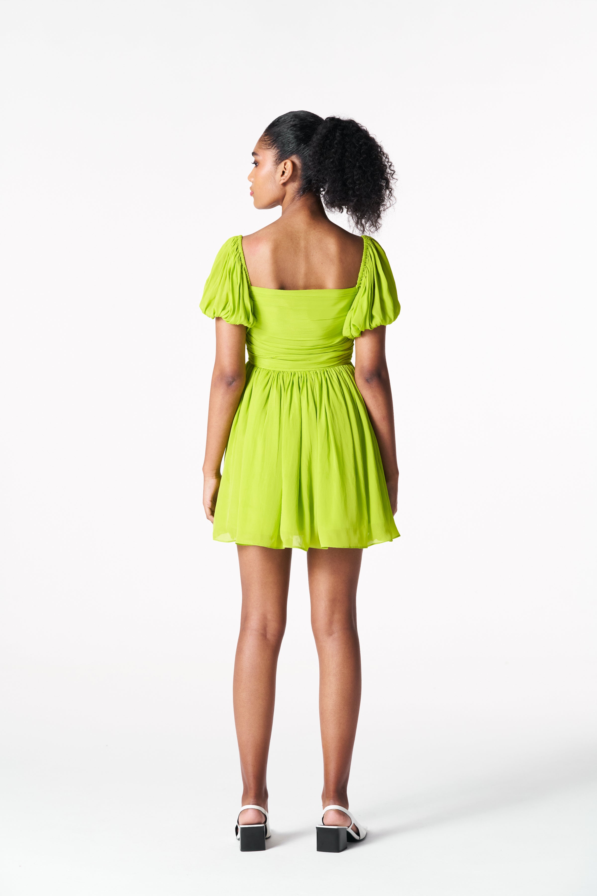 Chartreuse rouched mini dress