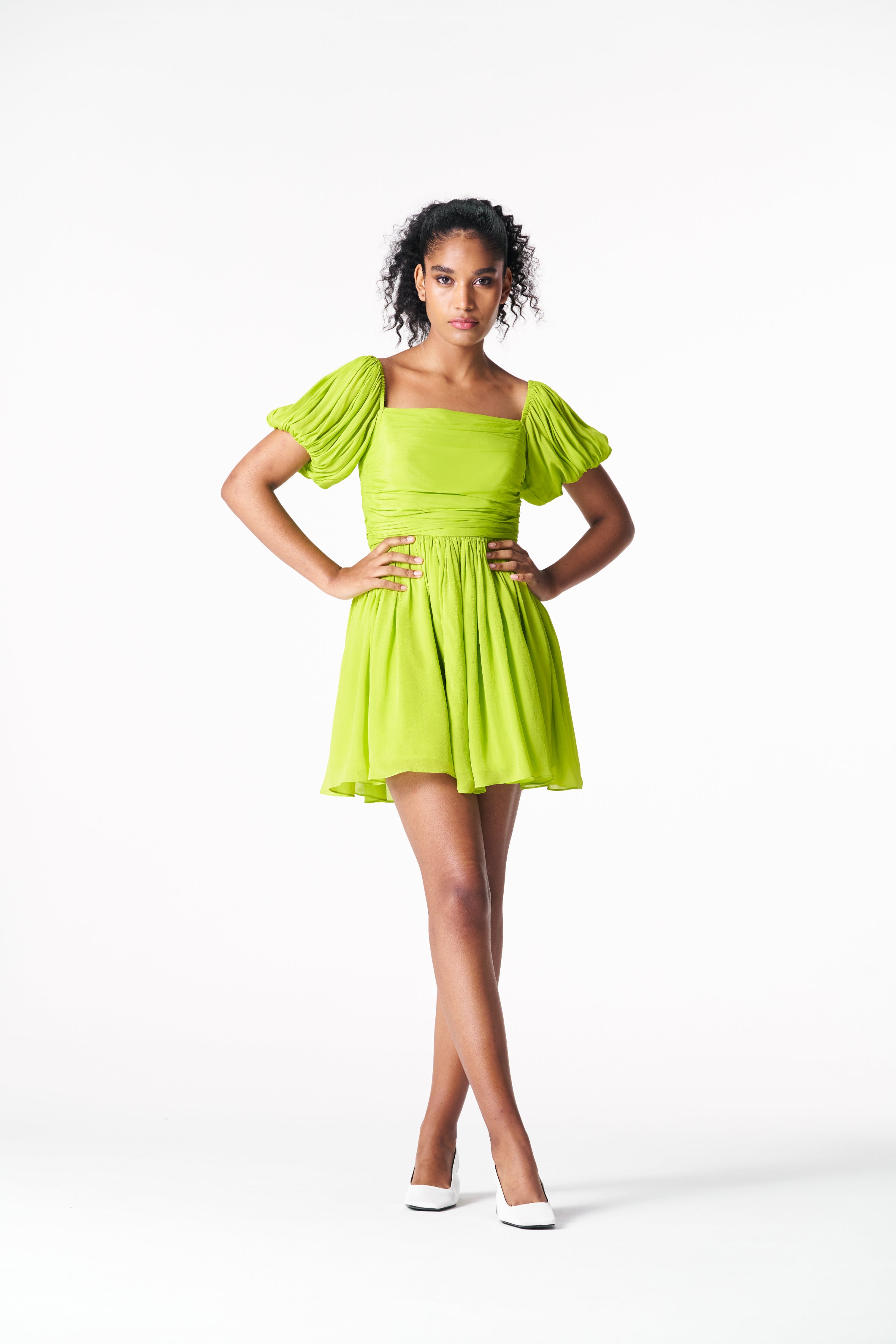 Chartreuse rouched mini dress