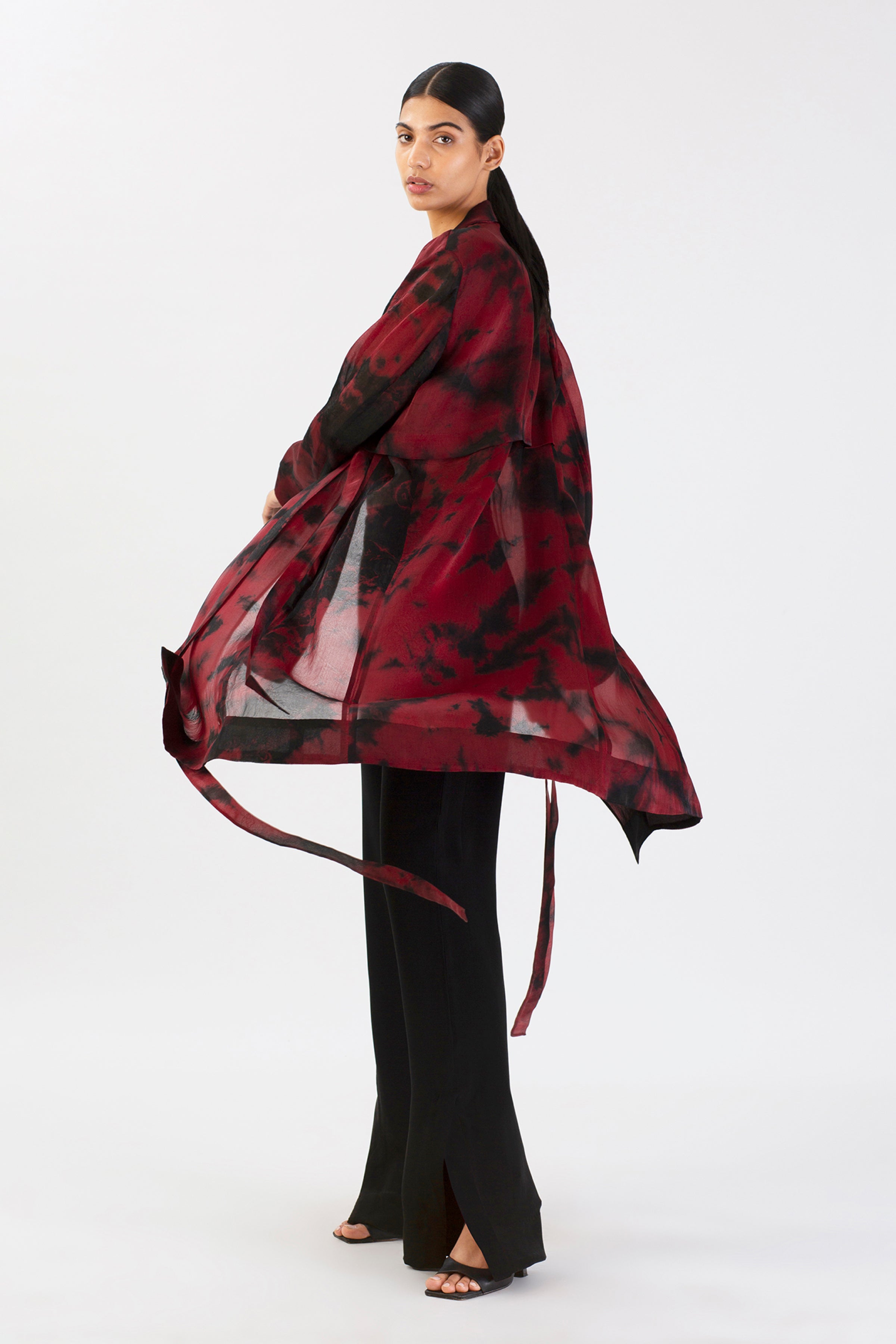 Crimson Dreamscape Silk Trench Coat