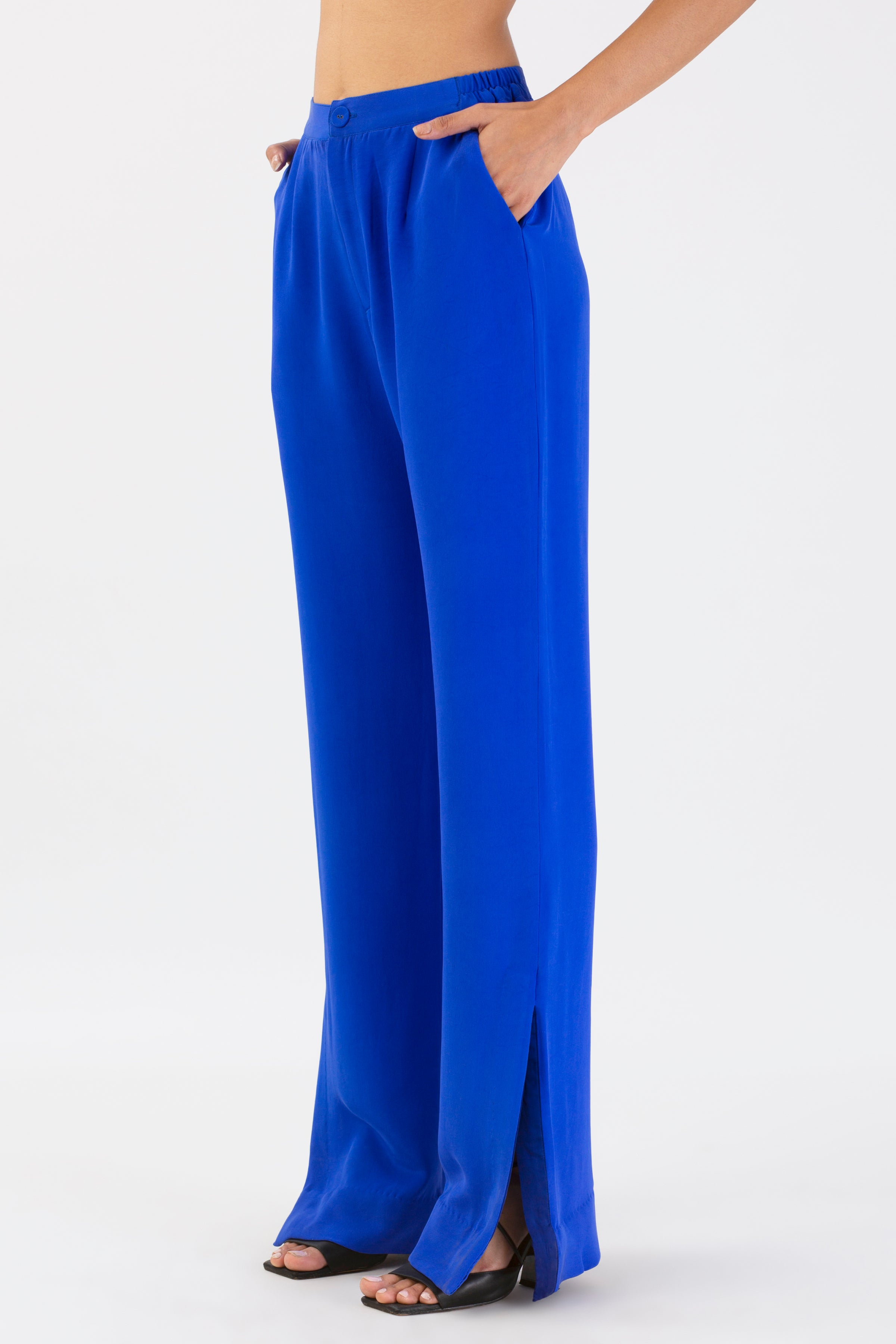 Buy Silver Shimmery Lycra Solid Sapphire Sheen Straight Trouser For Women  by B'Infinite Online at Aza Fashions.