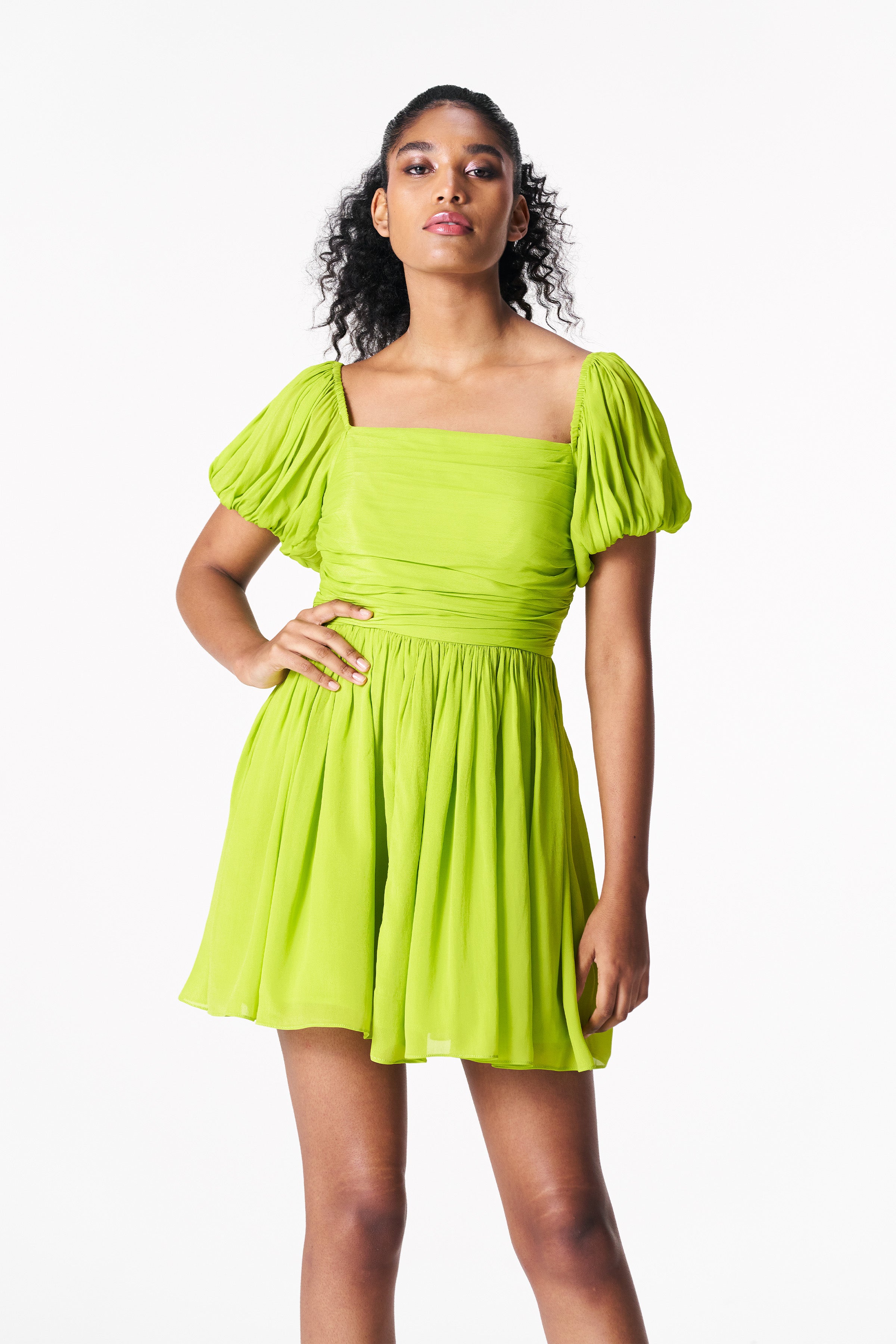 Chartreuse rouched mini dress