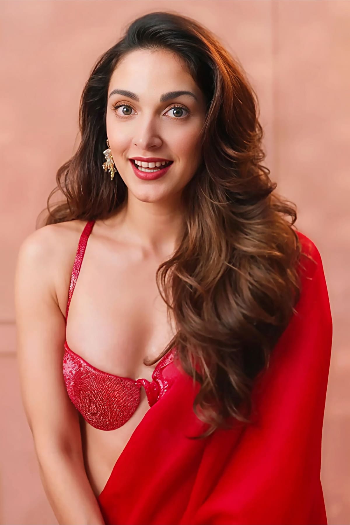 Coral Red Thousand Cresents Saree / Bralette