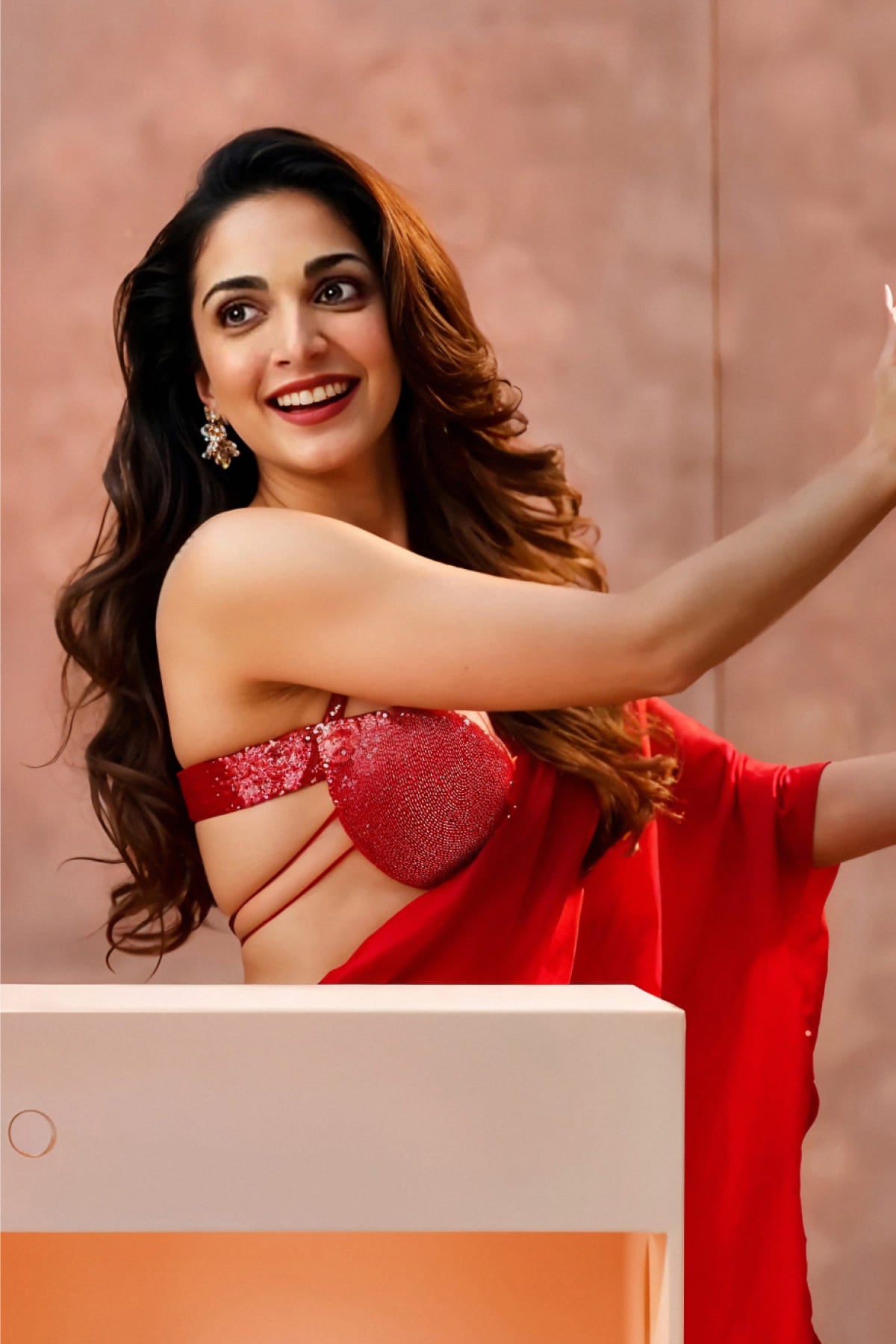 Coral Red Thousand Cresents Saree / Bralette