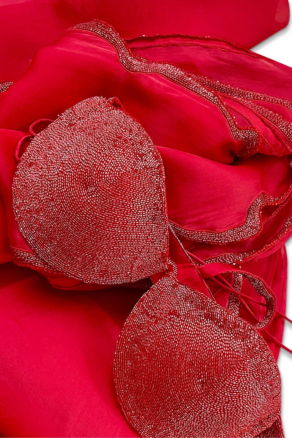 Coral Red Thousand Cresents Saree / Bralette